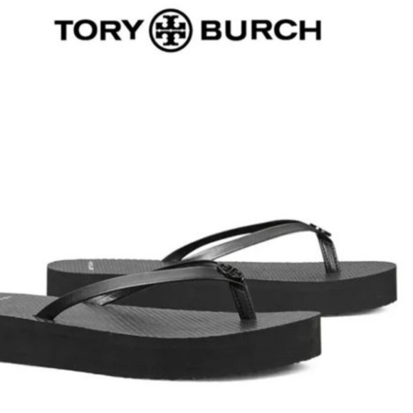 New Tory Burch Flatform Solid Black Flip Flop Sandals PU/EVA Sole Logo sz 8 - Picture 1 of 7